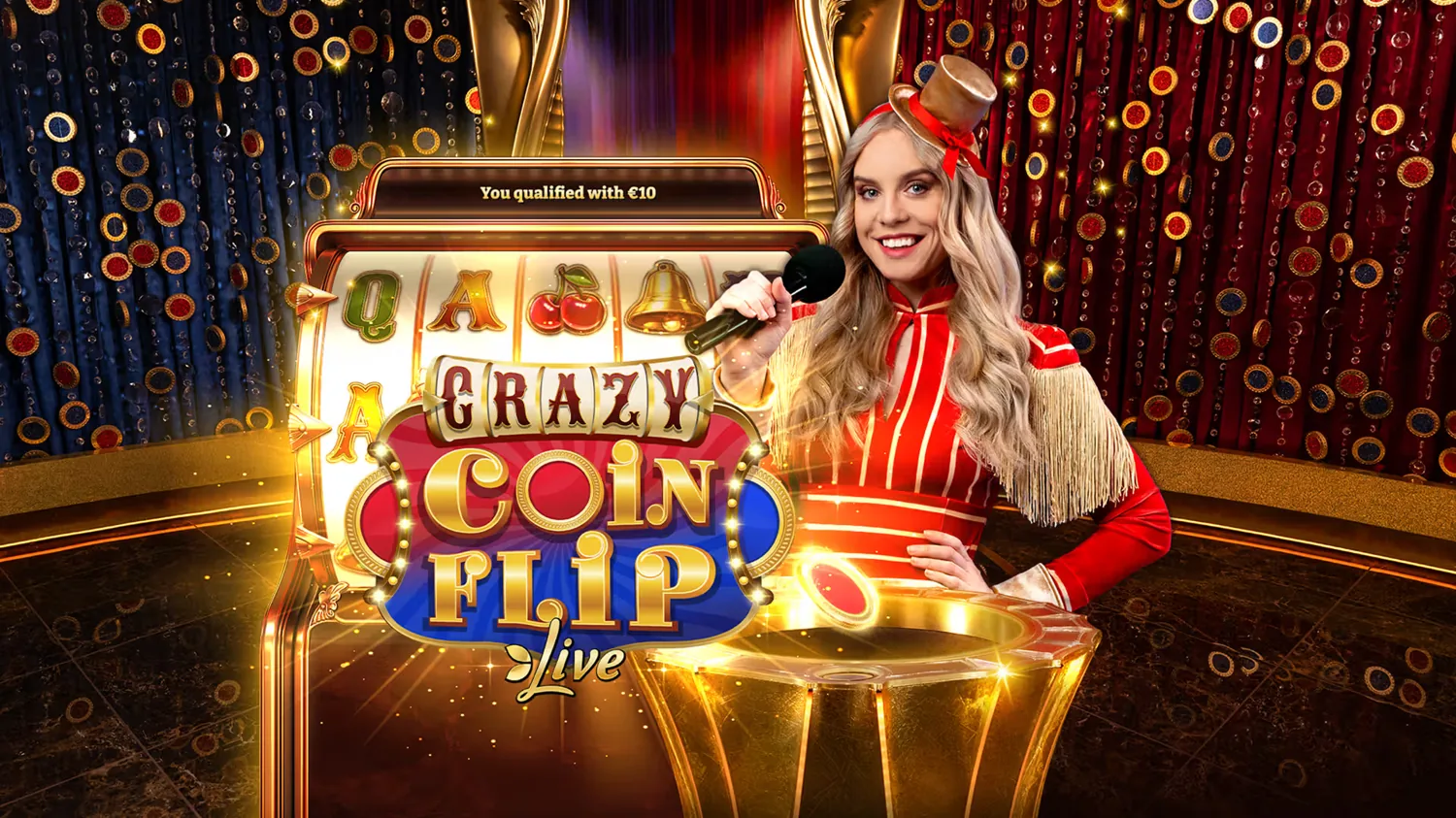 Crazy Coin Flip live host beside the qualifying slot showing a qualified stake