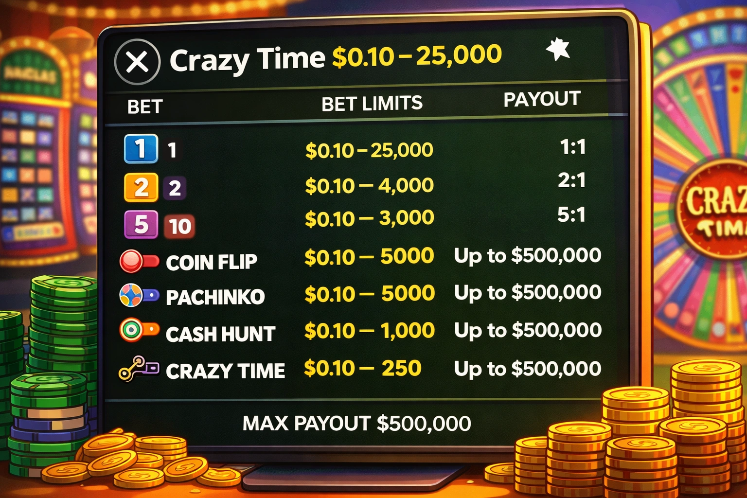 Einsatzlimits und Auszahlungen bei Crazy Time: 1 zahlt 1:1, 2 zahlt 2:1, 5 und 10, Bonusspiele bis zu 500.000