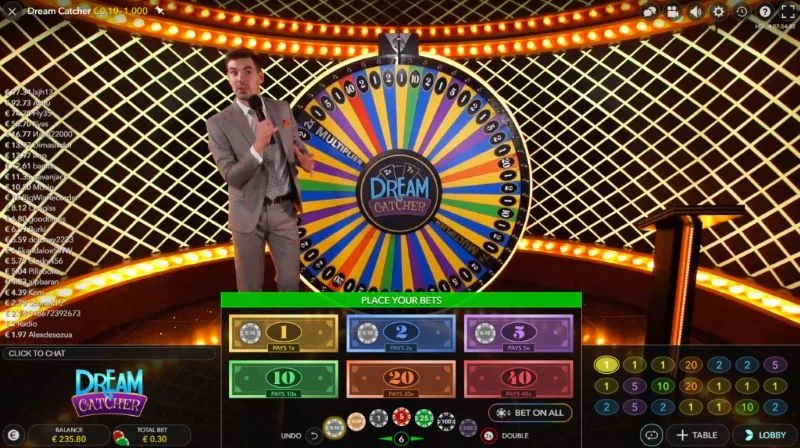 Layout delle scommesse Dream Catcher che mostra 1, 2, 5, 10, 20 e 40 con la cronologia dei risultati