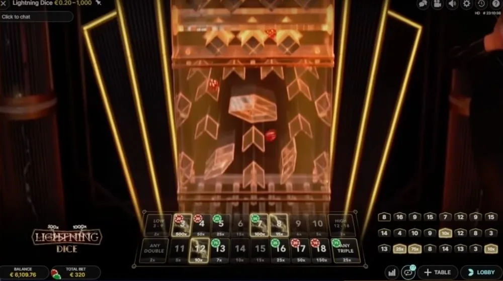 Three dice tumbling down the transparent Lightning Tower maze