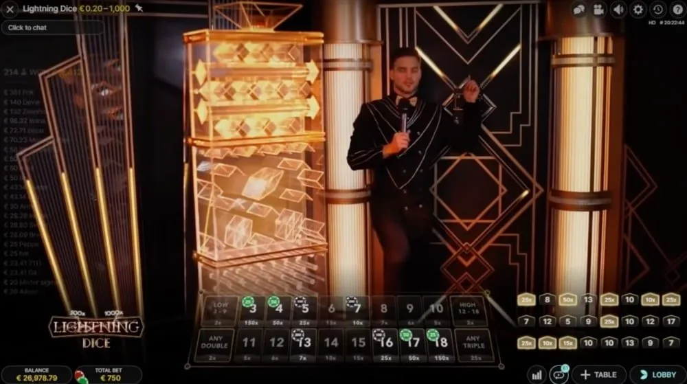 Lightning Dice live host beside the glass Lightning Tower