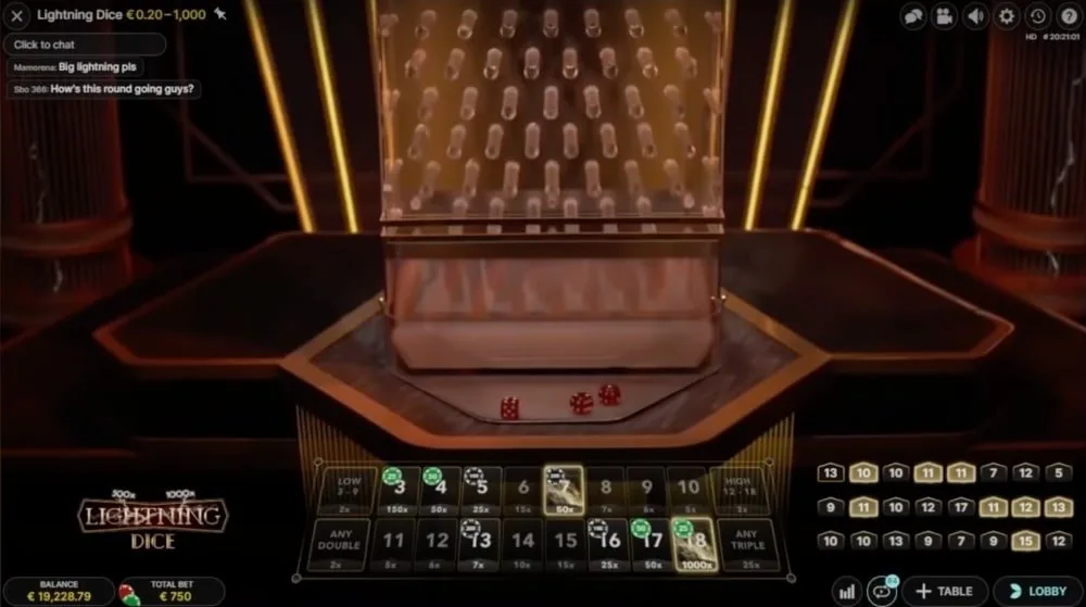 Lightning Dice betting layout with totals from 3 to 18 and lightning multipliers