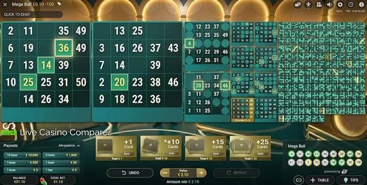 Mega Ball-Kartengitter mit den Kartenpaketen +1, +10, +15 und +25