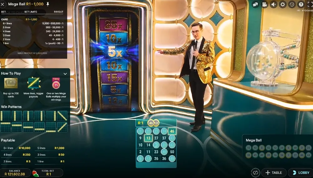 Mega Ball Studio mit dem Moderator, der Multiplikatorleiter und der Bildschirmkarte