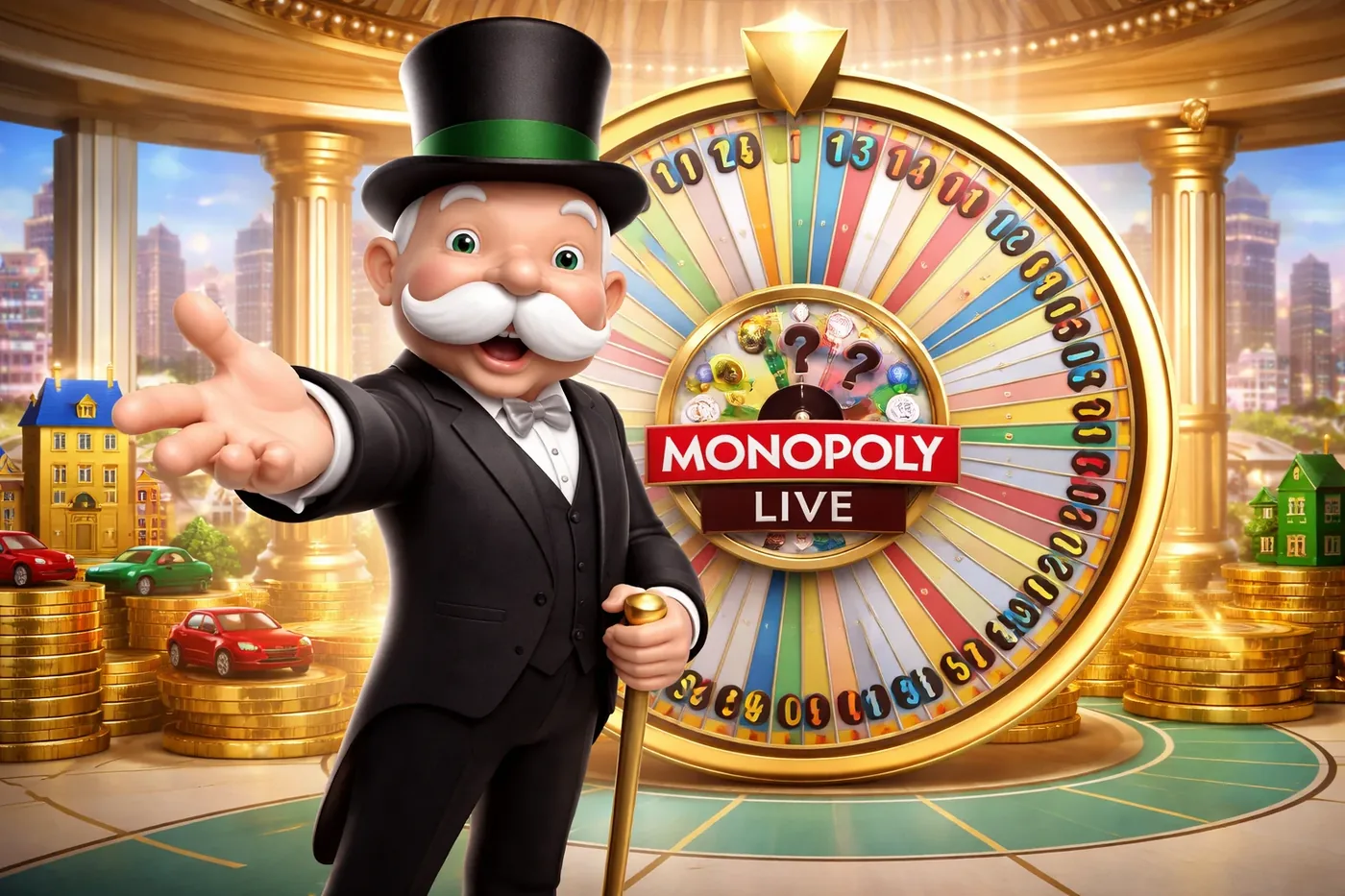 Mr Monopoly celebrating a big Monopoly Live bonus win