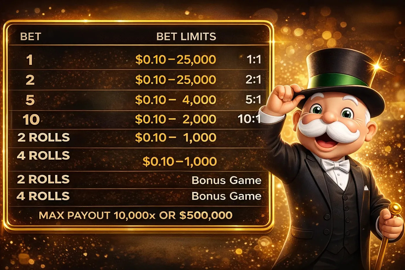 Monopoly Live bet limits and payouts: 1 pays 1:1, 2 pays 2:1, 5 and 10, bonuses up to 500,000