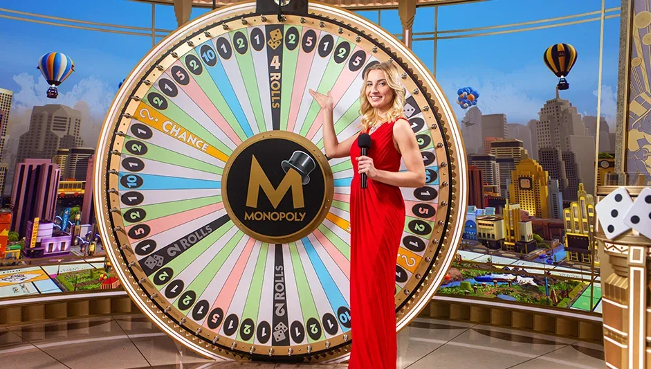 Monopoly Live host presenting the studio money wheel